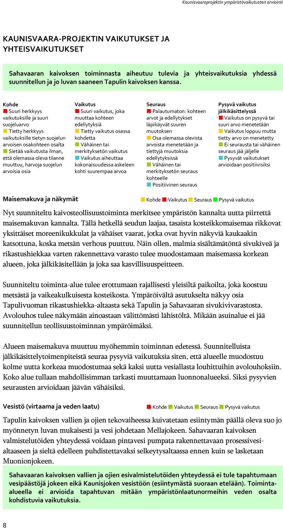 Kohde Suuri herkkyys vaikutuksille ja suuri suojeluarvo Tietty herkkyys vaikutuksille tietyn suojelun arvoisen osakohteen osalta Sietää vaikutusta ilman, että olemassa oleva tilanne muuttuu, harvoja