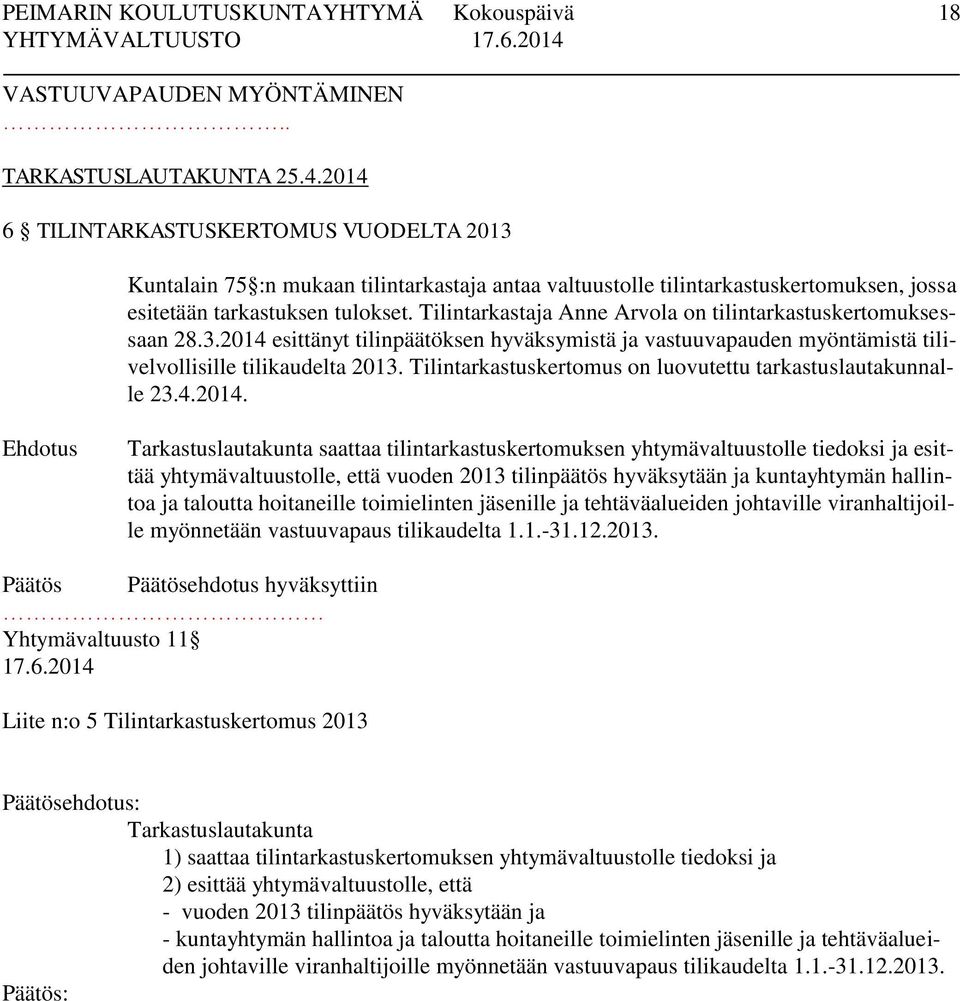 Tilintarkastaja Anne Arvola on tilintarkastuskertomuksessaan 28.3.2014 esittänyt tilinpäätöksen hyväksymistä ja vastuuvapauden myöntämistä tilivelvollisille tilikaudelta 2013.