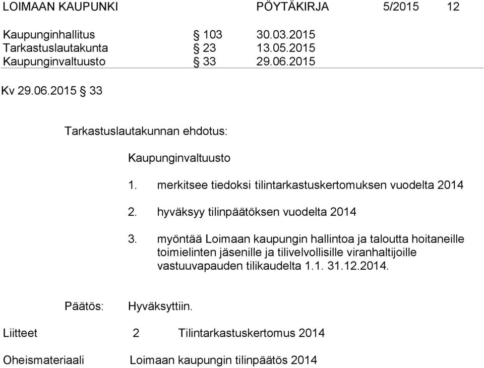 hyväksyy tilinpäätöksen vuodelta 2014 3.