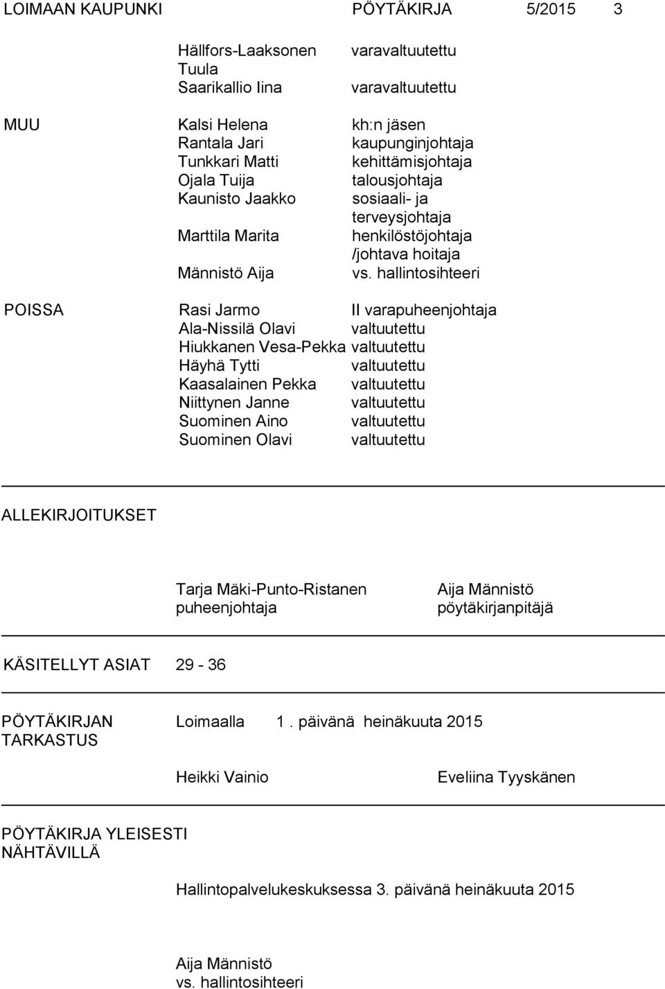 hallintosihteeri POISSA Rasi Jarmo II varapuheenjohtaja Ala-Nissilä Olavi Hiukkanen Vesa-Pekka Häyhä Tytti Kaasalainen Pekka Niittynen Janne Suominen Aino Suominen Olavi ALLEKIRJOITUKSET Tarja