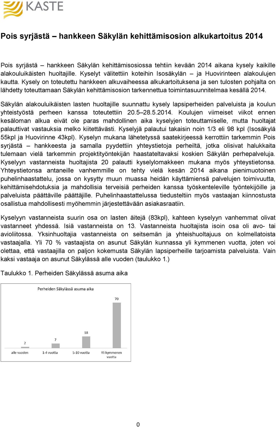 Kysely on toteutettu hankkeen alkuvaiheessa alkukartoituksena ja sen tulosten pohjalta on lähdetty toteuttamaan Säkylän kehittämisosion tarkennettua toimintasuunnitelmaa kesällä 2014.