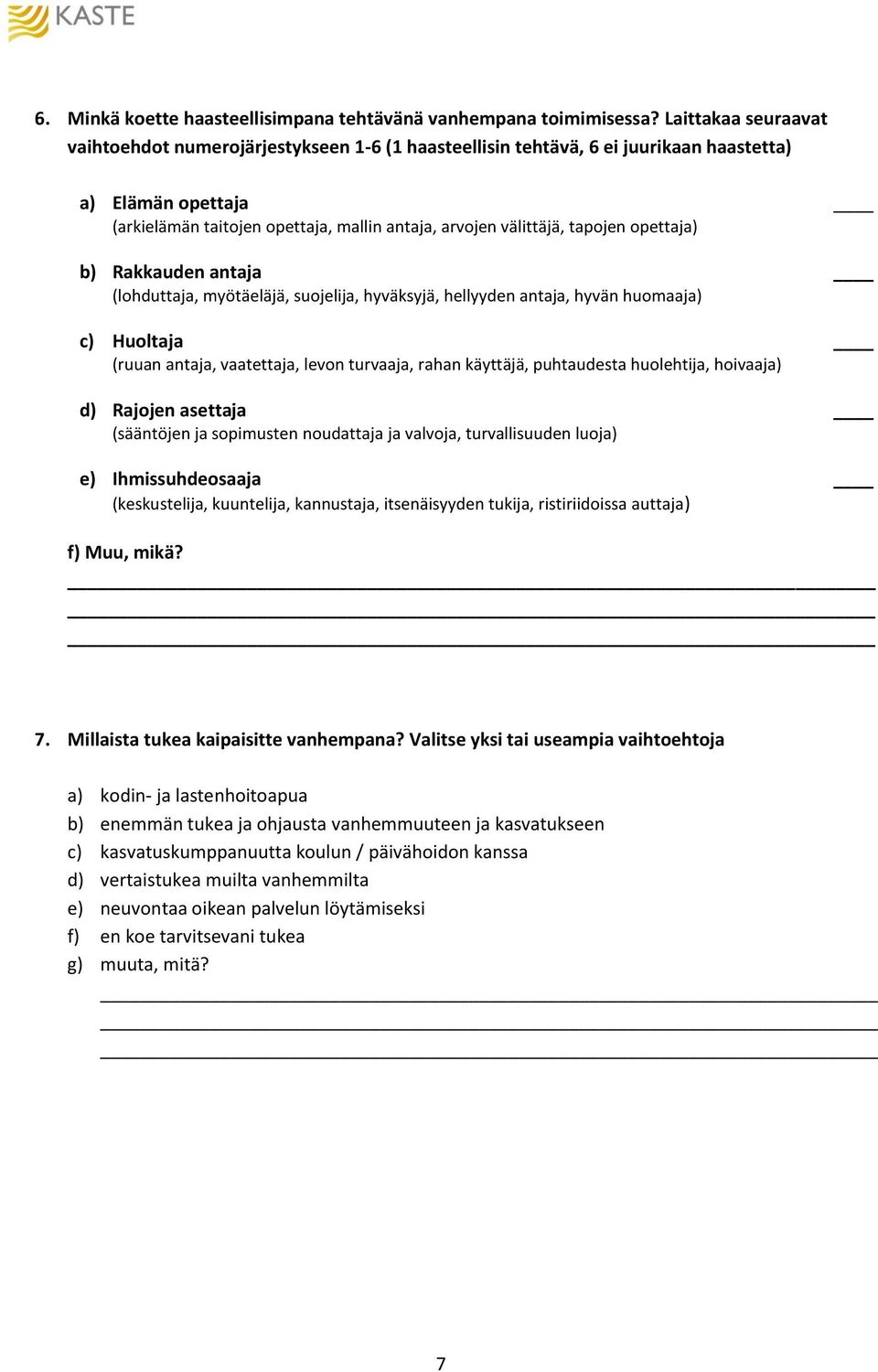 opettaja) b) Rakkauden antaja (lohduttaja, myötäeläjä, suojelija, hyväksyjä, hellyyden antaja, hyvän huomaaja) c) Huoltaja (ruuan antaja, vaatettaja, levon turvaaja, rahan käyttäjä, puhtaudesta