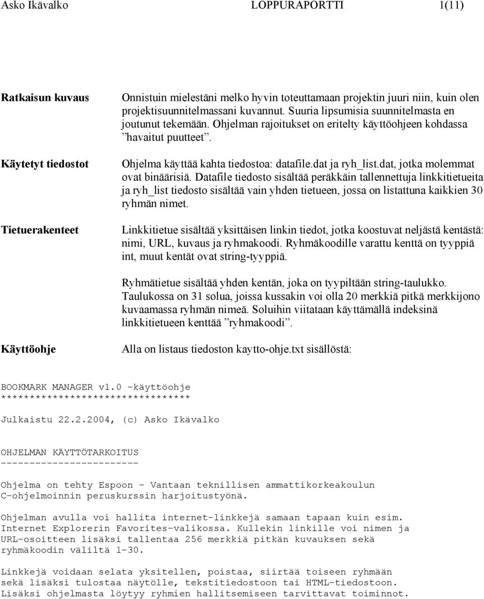 dat, jotka molemmat ovat binäärisiä. Datafile tiedosto sisältää peräkkäin tallennettuja linkkitietueita ja ryh_list tiedosto sisältää vain yhden tietueen, jossa on listattuna kaikkien 30 ryhmän nimet.