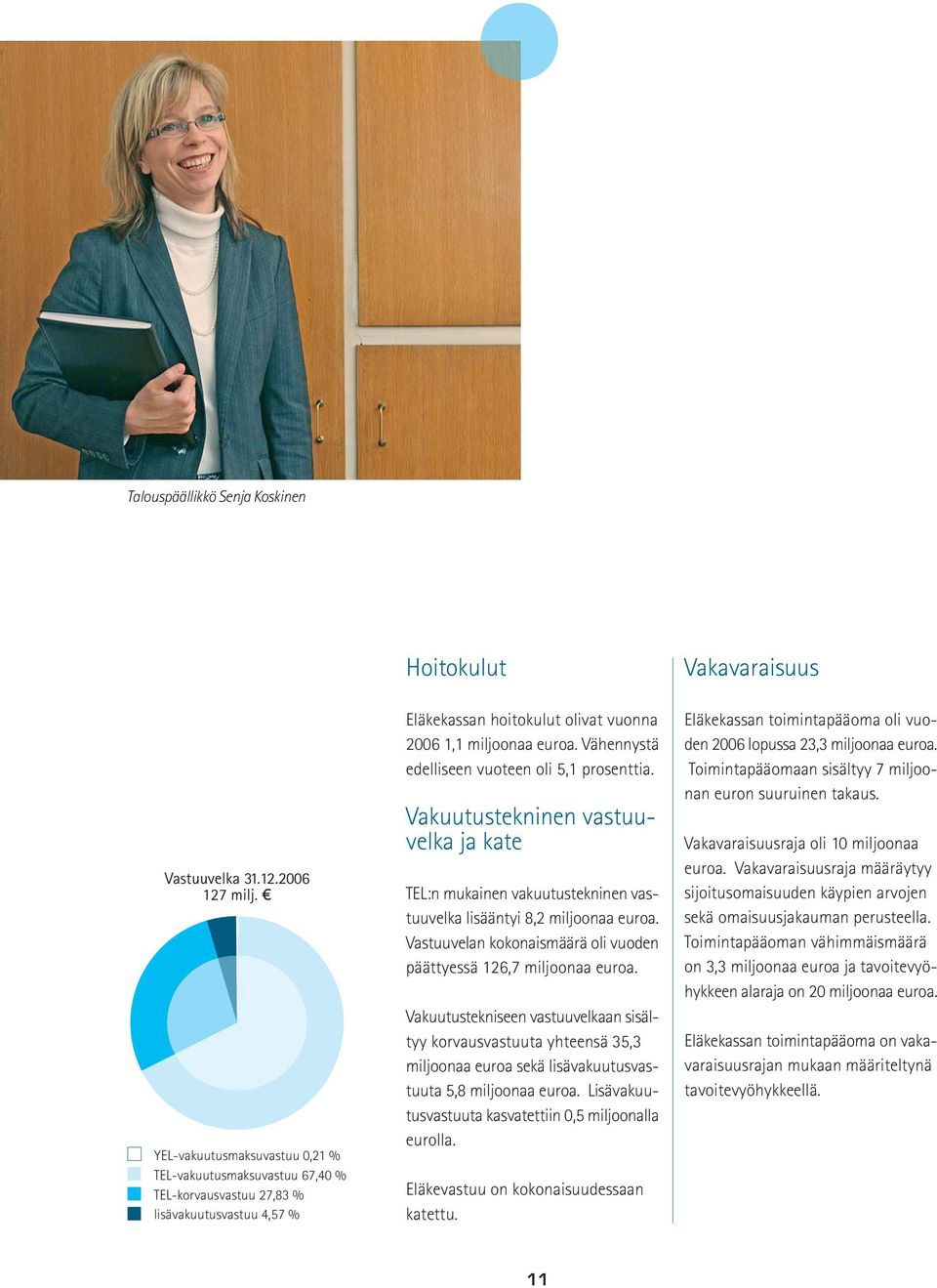 Vähennystä edelliseen vuoteen oli 5,1 prosenttia. Vakuutustekninen vastuuvelka ja kate TEL:n mukainen vakuutustekninen vastuuvelka lisääntyi 8,2 miljoonaa euroa.
