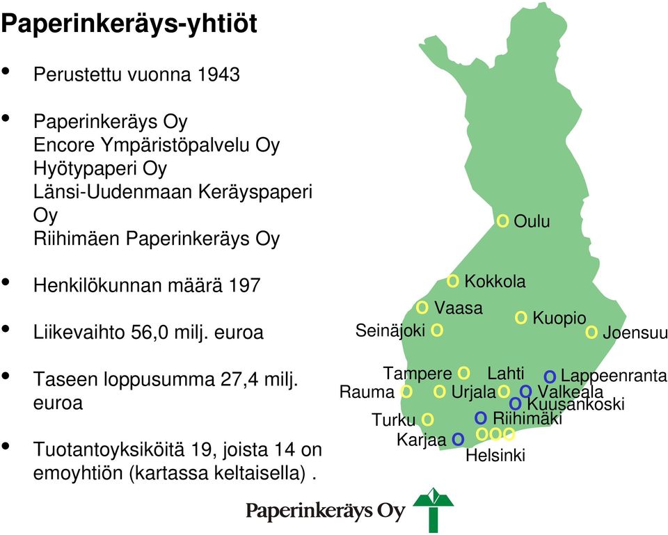 euroa Taseen loppusumma 27,4 milj. euroa Tuotantoyksiköitä 19, joista 14 on emoyhtiön (kartassa keltaisella).