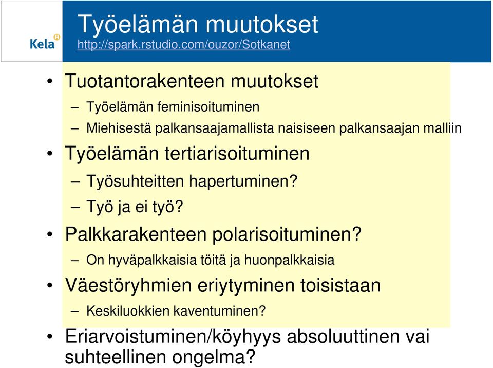 palkansaajan malliin Työelämän tertiarisoituminen Työsuhteitten hapertuminen? Työ ja ei työ?