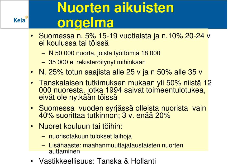 25% totun saajista alle 25 v ja n 50% alle 35 v Tanskalaisen tutkimuksen mukaan yli 50% niistä 12 000 nuoresta, jotka 1994 saivat toimeentulotukea,