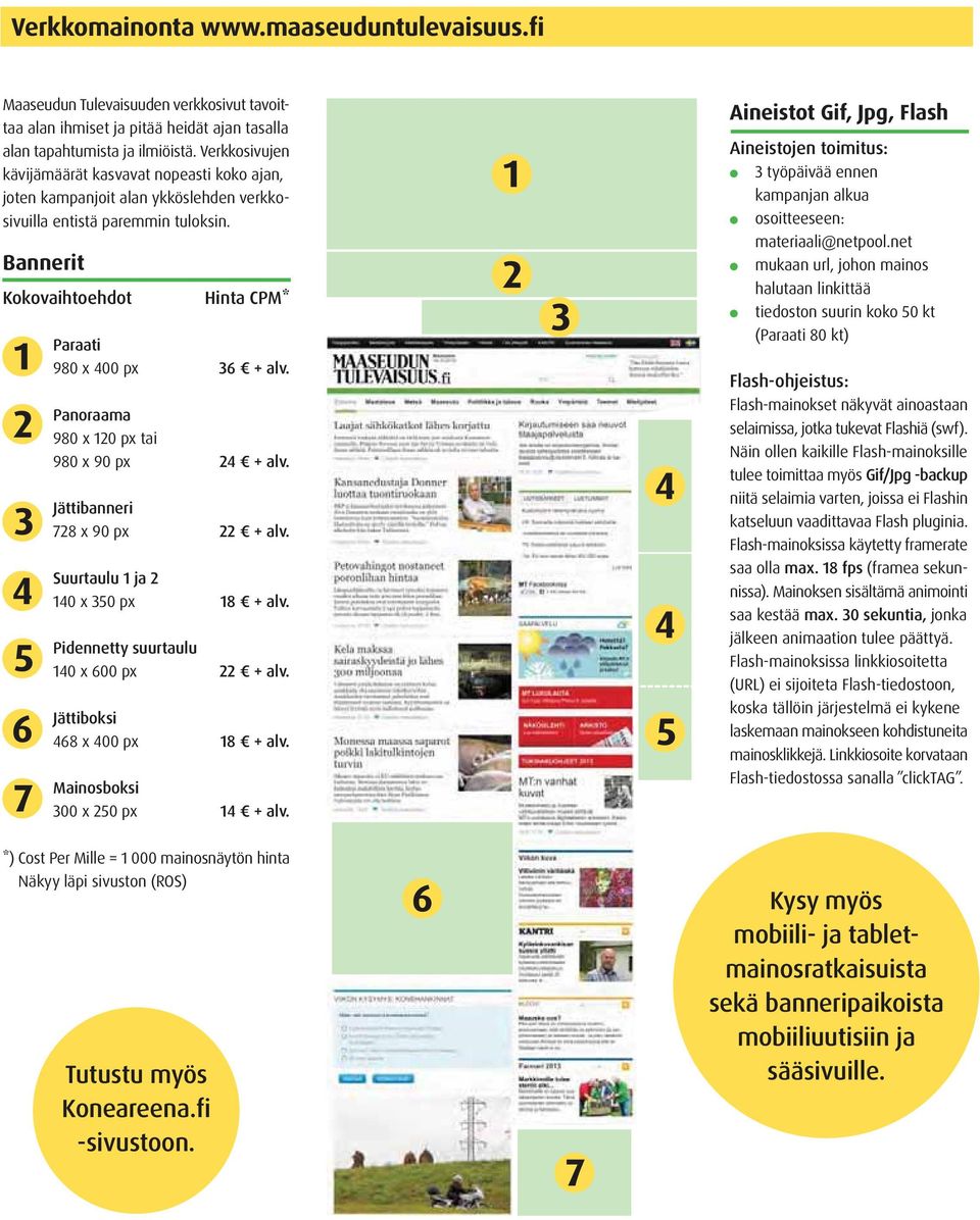 Panoraama 980 x 120 px tai 980 x 90 px 24 + alv. Jättibanneri 728 x 90 px 22 + alv. Suurtaulu 1 ja 2 140 x 350 px 18 + alv. Pidennetty suurtaulu 140 x 600 px 22 + alv.