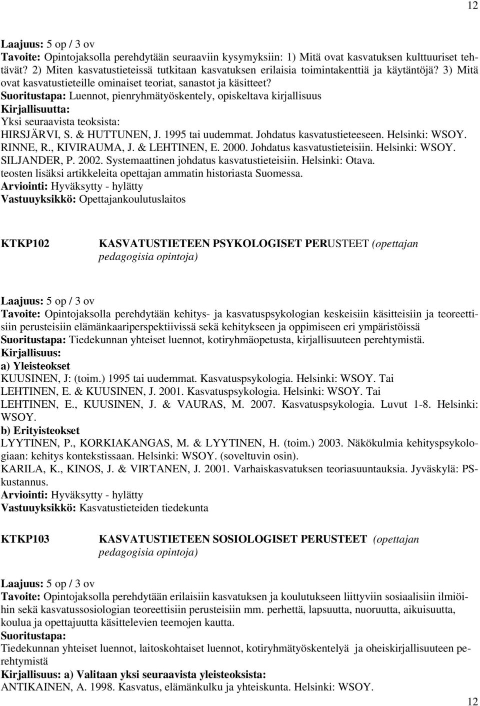 Suoritustapa: Luennot, pienryhmätyöskentely, opiskeltava kirjallisuus Kirjallisuutta: Yksi seuraavista teoksista: HIRSJÄRVI, S. & HUTTUNEN, J. 1995 tai uudemmat. Johdatus kasvatustieteeseen.