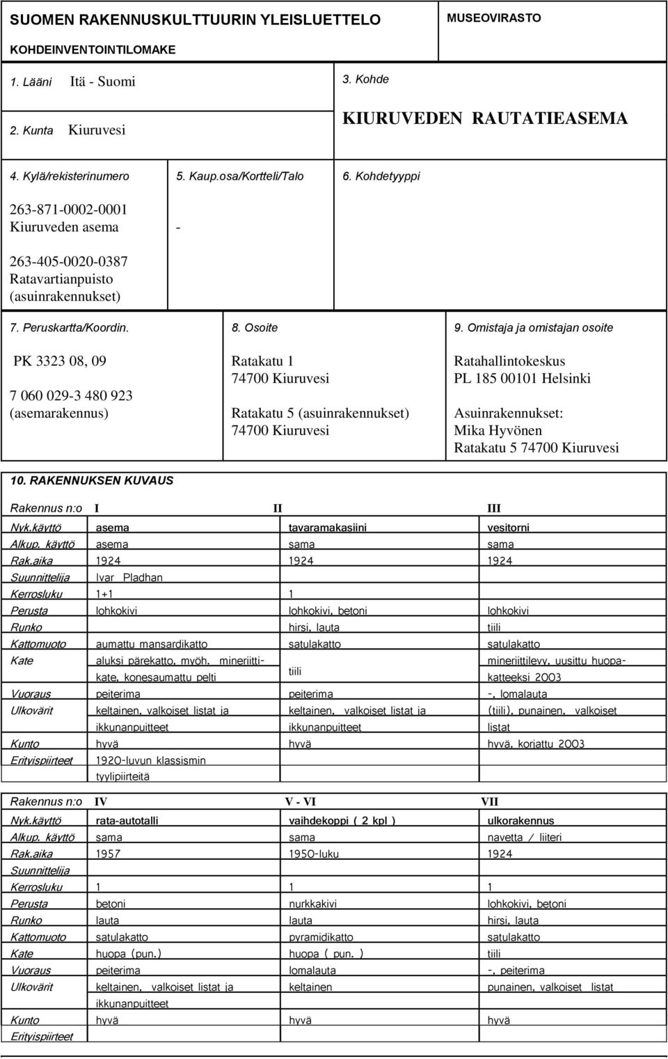 Omistaja ja omistajan osoite PK 3323 08, 09 7 060 029-3 480 923 (asemarakennus) 10.