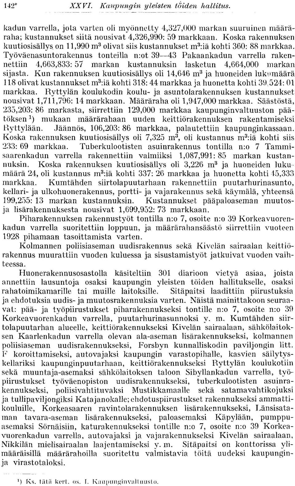 Työväenasuntorakennus tonteilla n:ot 39 43 Pakaankadun varrella rakennettiin 4,663,833: 57 markan kustannuksin lasketun 4,664,000 markan sijasta.