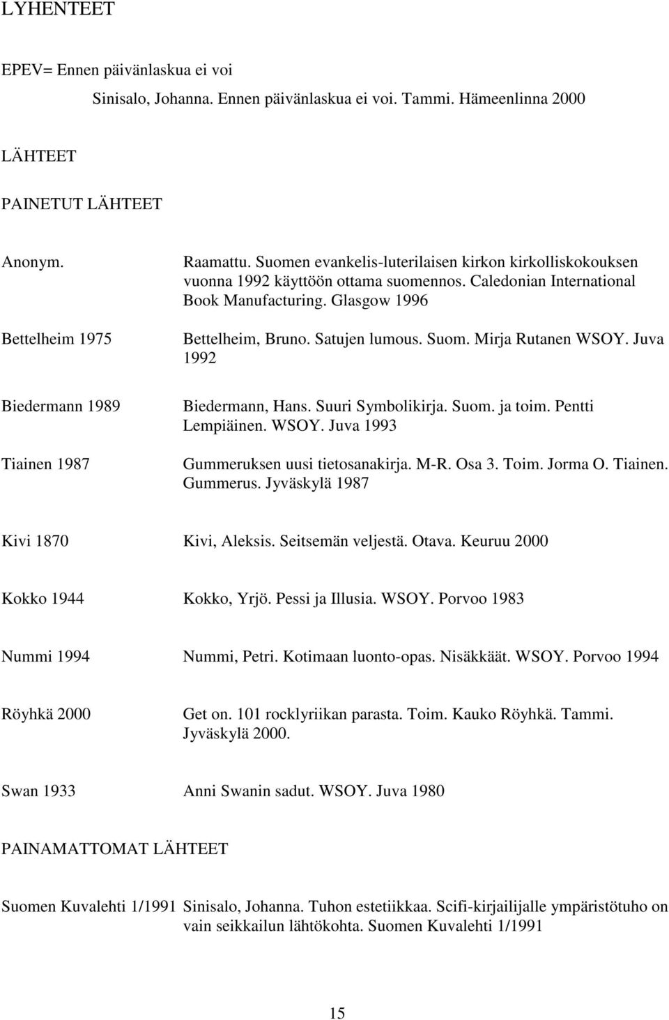 Mirja Rutanen WSOY. Juva 1992 Biedermann, Hans. Suuri Symbolikirja. Suom. ja toim. Pentti Lempiäinen. WSOY. Juva 1993 Gummeruksen uusi tietosanakirja. M-R. Osa 3. Toim. Jorma O. Tiainen. Gummerus.