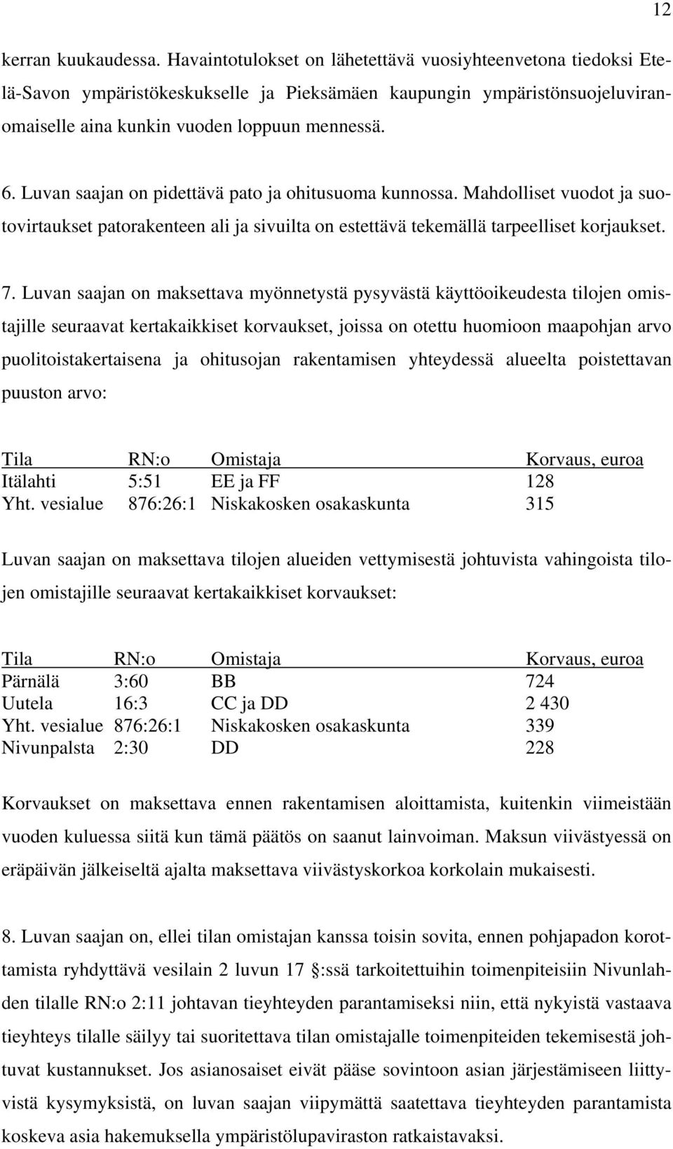 Luvan saajan on pidettävä pato ja ohitusuoma kunnossa. Mahdolliset vuodot ja suotovirtaukset patorakenteen ali ja sivuilta on estettävä tekemällä tarpeelliset korjaukset. 7.