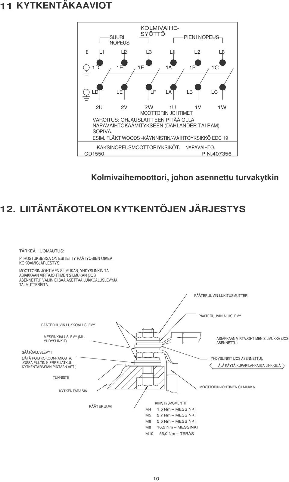 LIITÄNTÄKOTELON KYTKENTÖJEN JÄRJESTYS TÄRKEÄ HUOMAUTUS: PIIRUSTUKSESSA ON ESITETTY PÄÄTYOSIEN OIKEA KOKOAMISJÄRJESTYS.