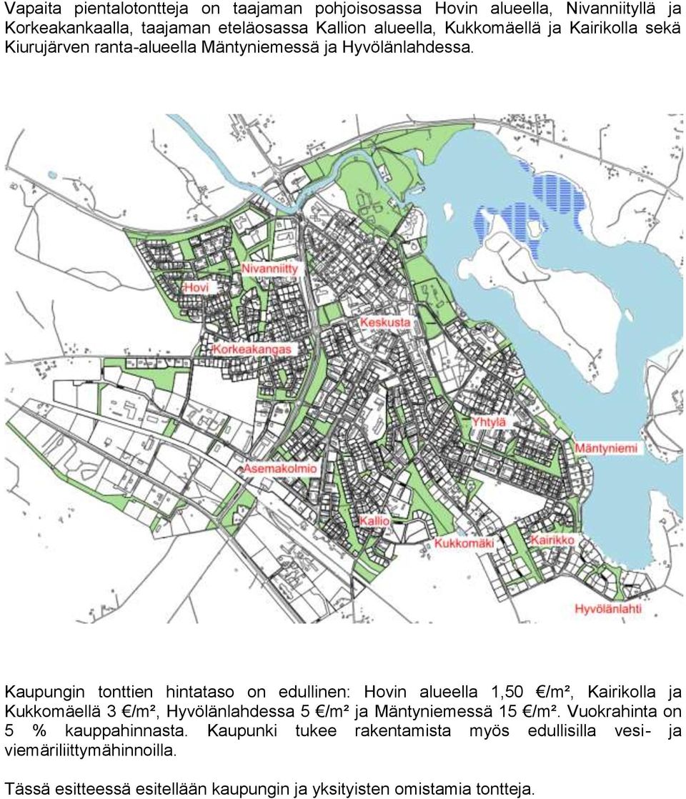 Kaupungin tonttien hintataso on edullinen: Hovin alueella 1,50 /m², Kairikolla ja Kukkomäellä 3 /m², Hyvölänlahdessa 5 /m² ja Mäntyniemessä