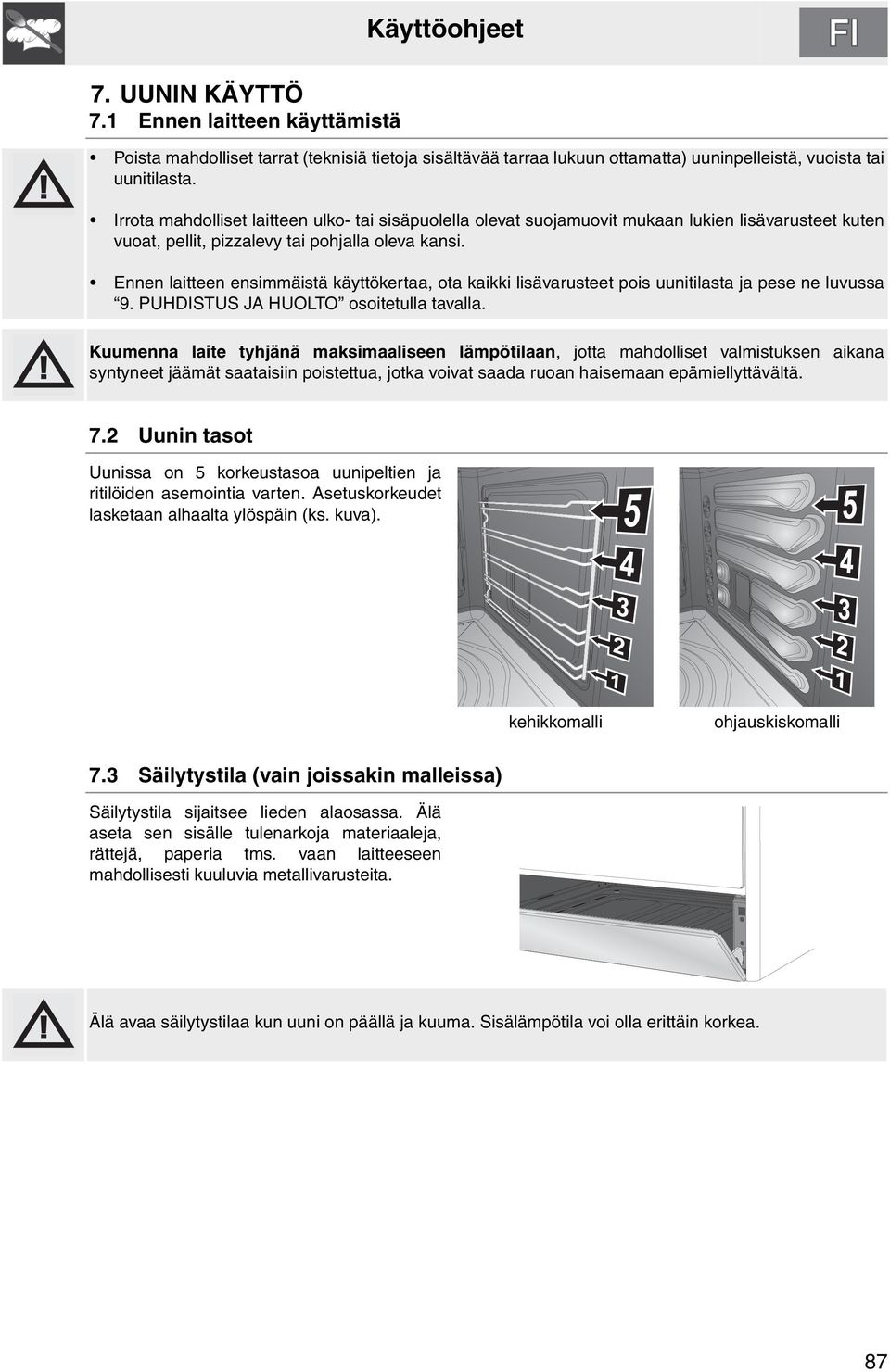 Ennen laitteen ensimmäistä käyttökertaa, ota kaikki lisävarusteet pois uunitilasta ja pese ne luvussa 9. PUHDISTUS JA HUOLTO osoitetulla tavalla.