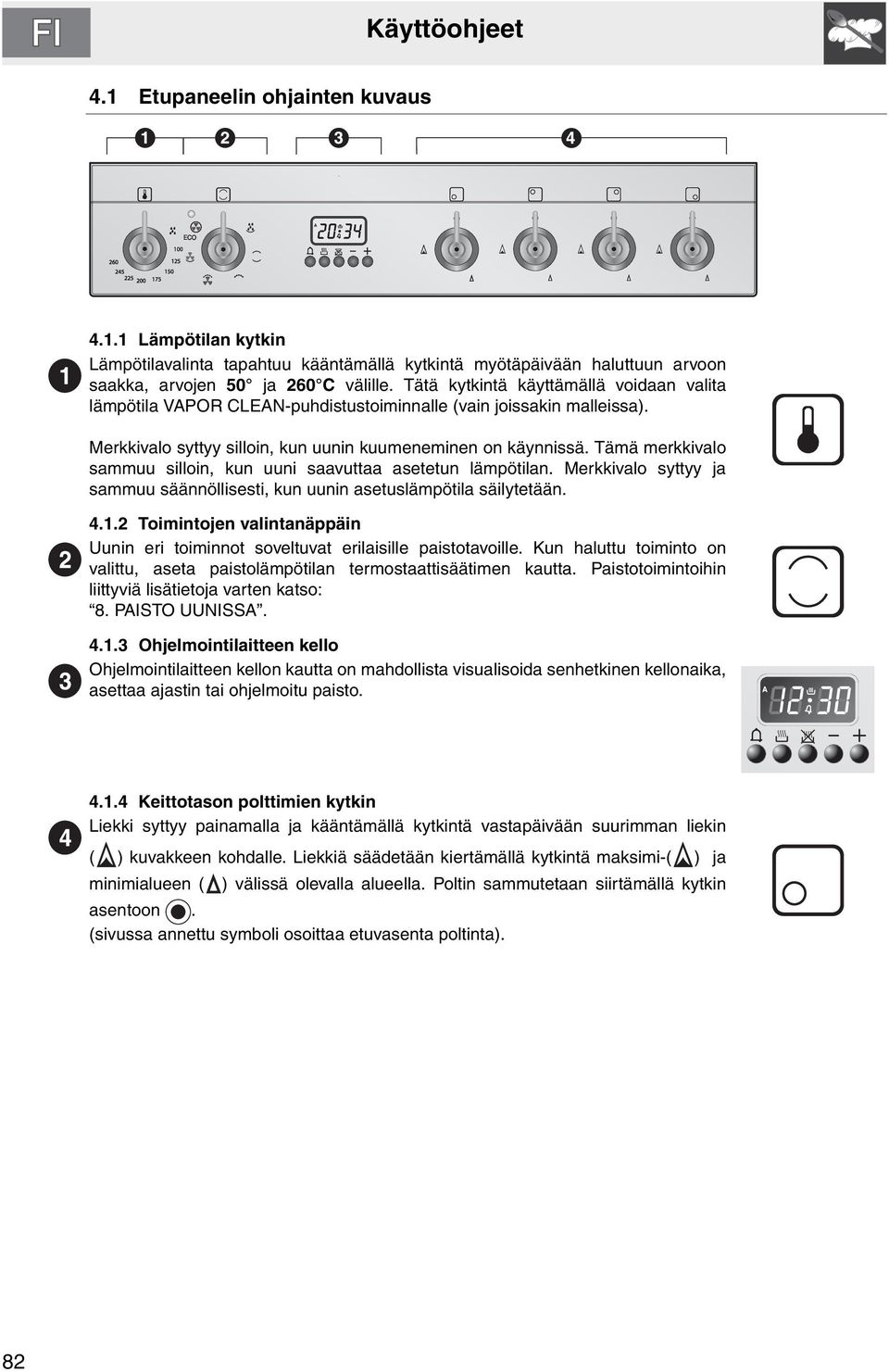 Tämä merkkivalo sammuu silloin, kun uuni saavuttaa asetetun lämpötilan. Merkkivalo syttyy ja sammuu säännöllisesti, kun uunin asetuslämpötila säilytetään. 4.1.