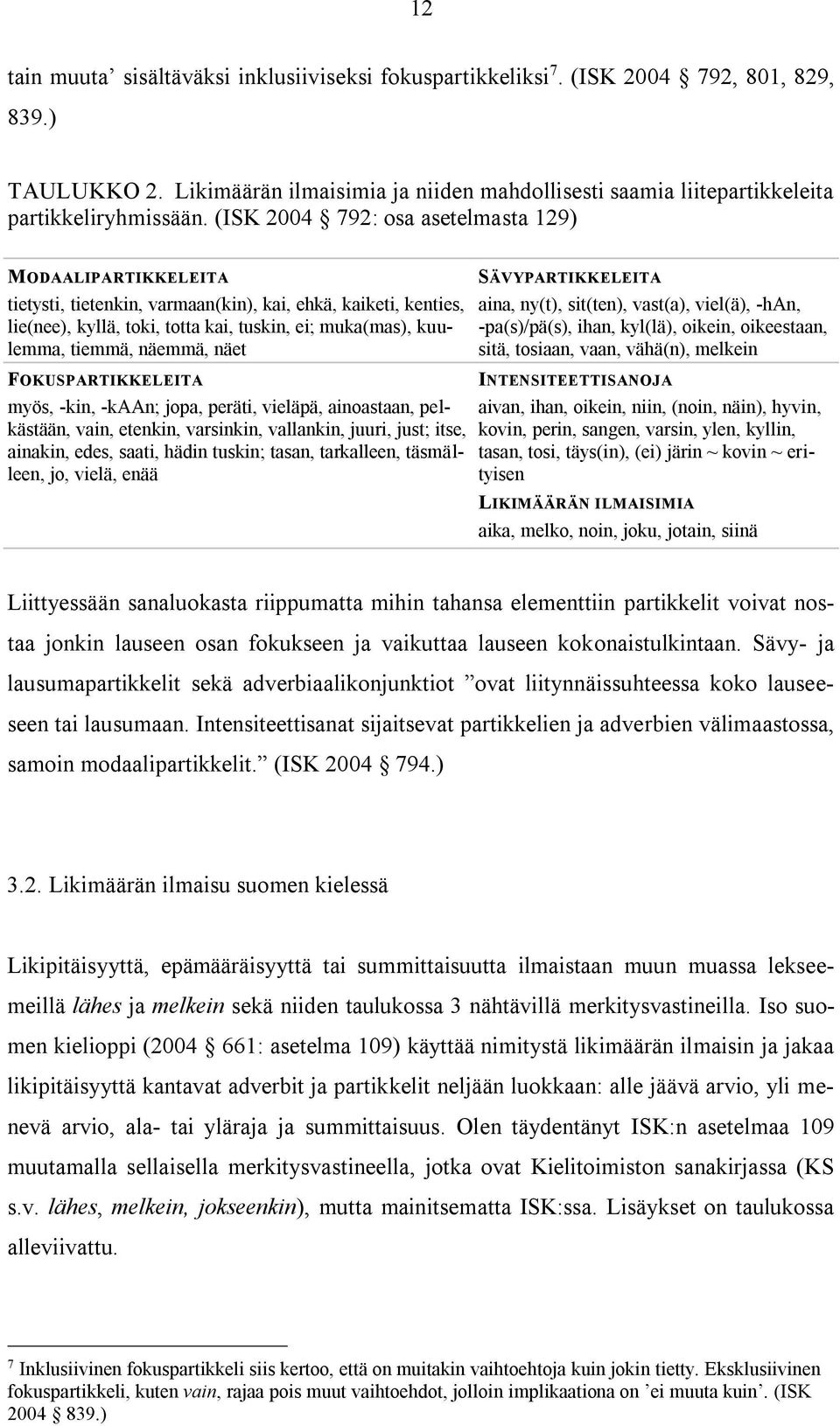 (ISK 2004 792: osa asetelmasta 129) MODAALIPARTIKKELEITA tietysti, tietenkin, varmaan(kin), kai, ehkä, kaiketi, kenties, lie(nee), kyllä, toki, totta kai, tuskin, ei; muka(mas), kuulemma, tiemmä,