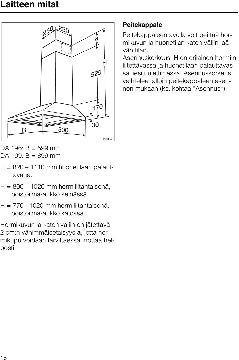 Asennuskorkeus vaihtelee tällöin peitekappaleen asennon mukaan (ks. kohtaa Asennus ).