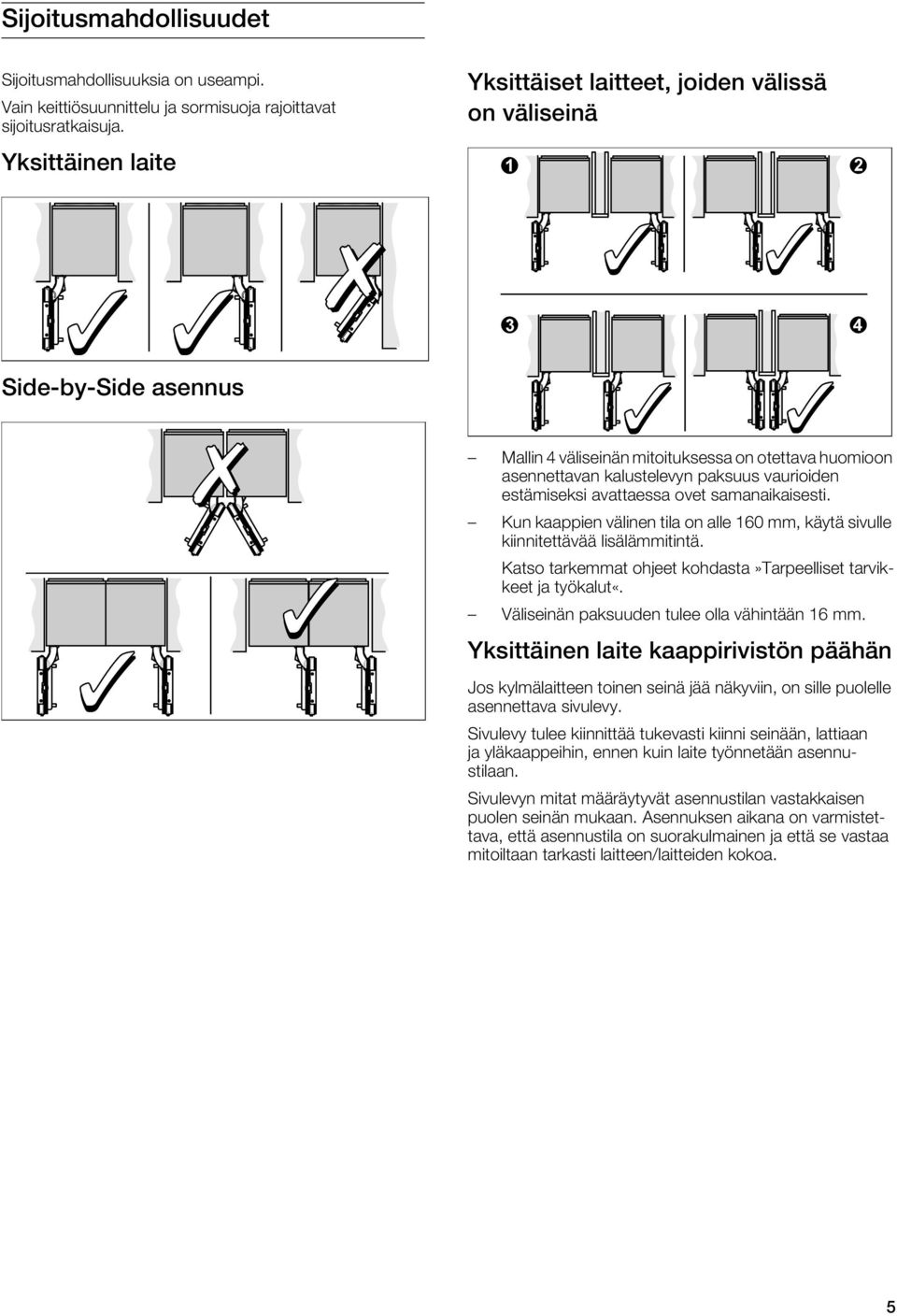 estämiseksi avattaessa ovet samanaikaisesti. Kun kaappien välinen tila on alle 160 mm, käytä sivulle kiinnitettävää lisälämmitintä.