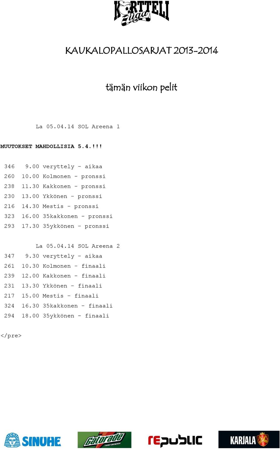 30 35ykkönen - pronssi La 05.04.14 SOL Areena 2 347 9.30 veryttely - aikaa 261 10.30 Kolmonen - finaali 239 12.