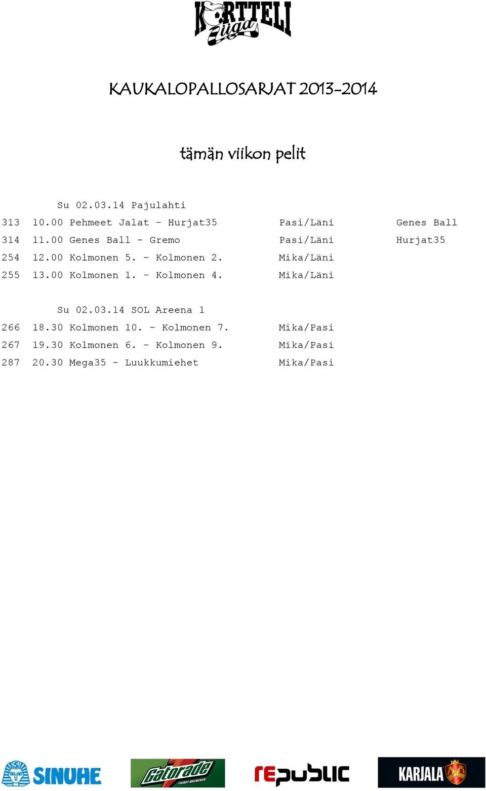 00 Kolmonen 1. - Kolmonen 4. Mika/Läni Su 02.03.14 SOL Areena 1 266 18.30 Kolmonen 10.