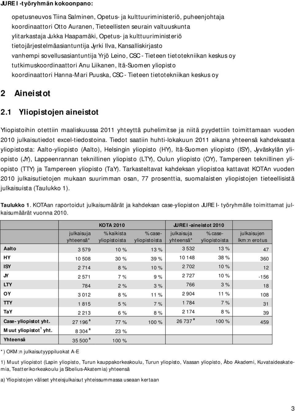 Liikanen, Itä-Suomen yliopisto koordinaattori Hanna-Mari Puuska, CSC - Tieteen tietotekniikan keskus oy 2 Aineistot 2.