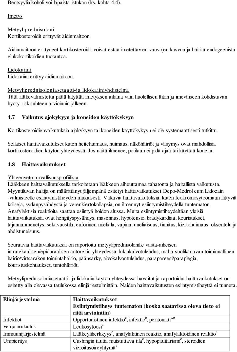 Metyyliprednisoloniasetaatti-ja lidokaiiniyhdistelmä Tätä lääkevalmistetta pitää käyttää imetyksen aikana vain huolellisen äitiin ja imeväiseen kohdistuvan hyöty-riskisuhteen arvioinnin jälkeen. 4.