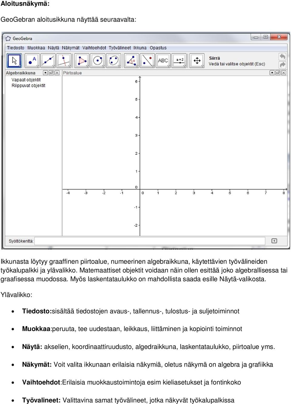 Ylävalikko: Tiedosto:sisältää tiedostojen avaus-, tallennus-, tulostus- ja suljetoiminnot Muokkaa:peruuta, tee uudestaan, leikkaus, liittäminen ja kopiointi toiminnot Näytä: akselien,