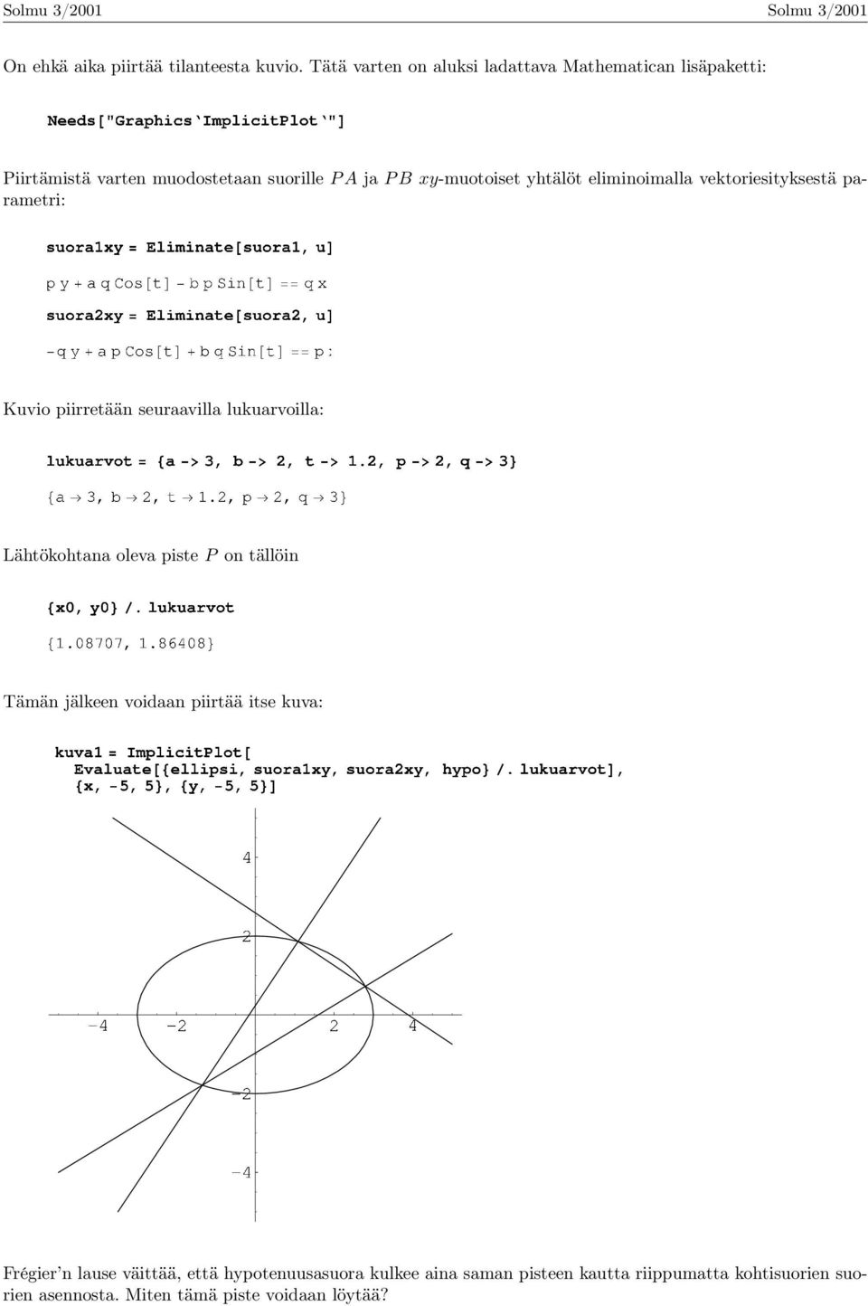 yhtälöt eliminoimalla vektoriesityksestä parametri: Kuvio piirretään seuraavilla lukuarvoilla: Lähtökohtana oleva piste P