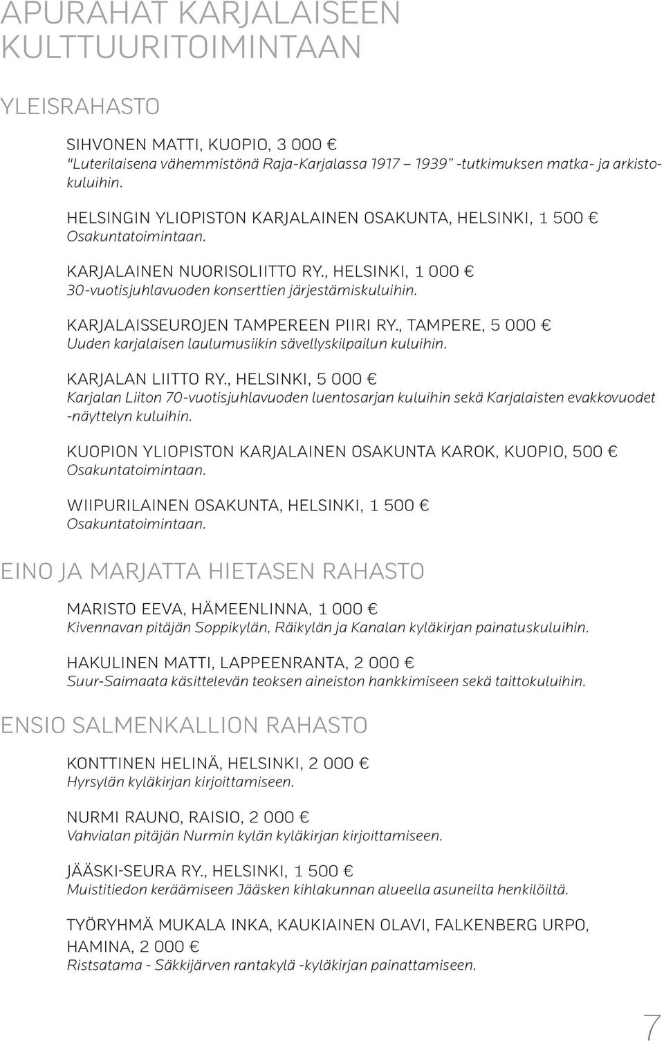 KARJALAISSEUROJEN TAMPEREEN PIIRI RY., TAMPERE, 5 000 Uuden karjalaisen laulumusiikin sävellyskilpailun kuluihin. KARJALAN LIITTO RY.