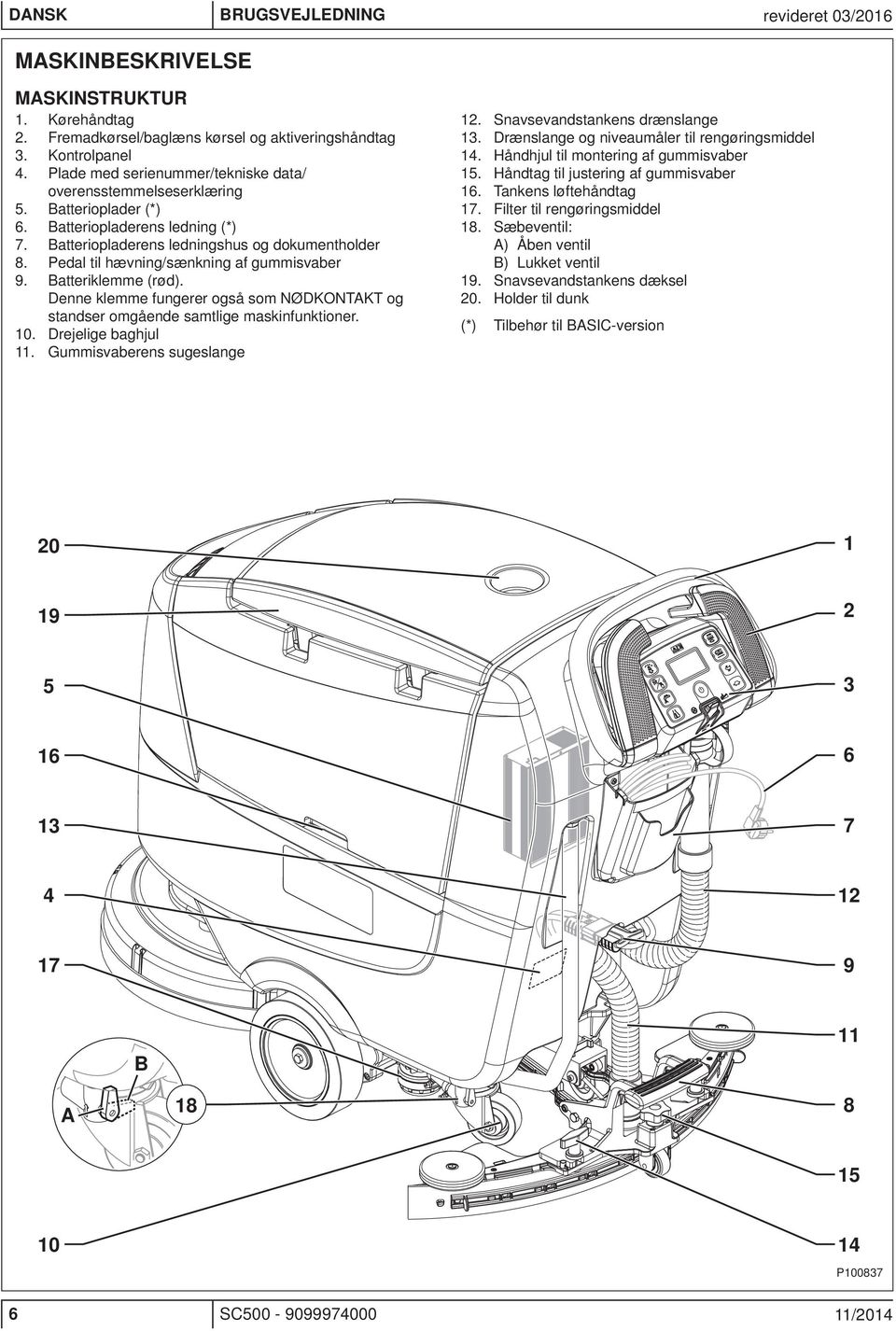 Pedal til hævning/sænkning af gummisvaber 9. Batteriklemme (rød). Denne klemme fungerer også som NØDKONTKT og standser omgående samtlige maskinfunktioner. 10. Drejelige baghjul 11.