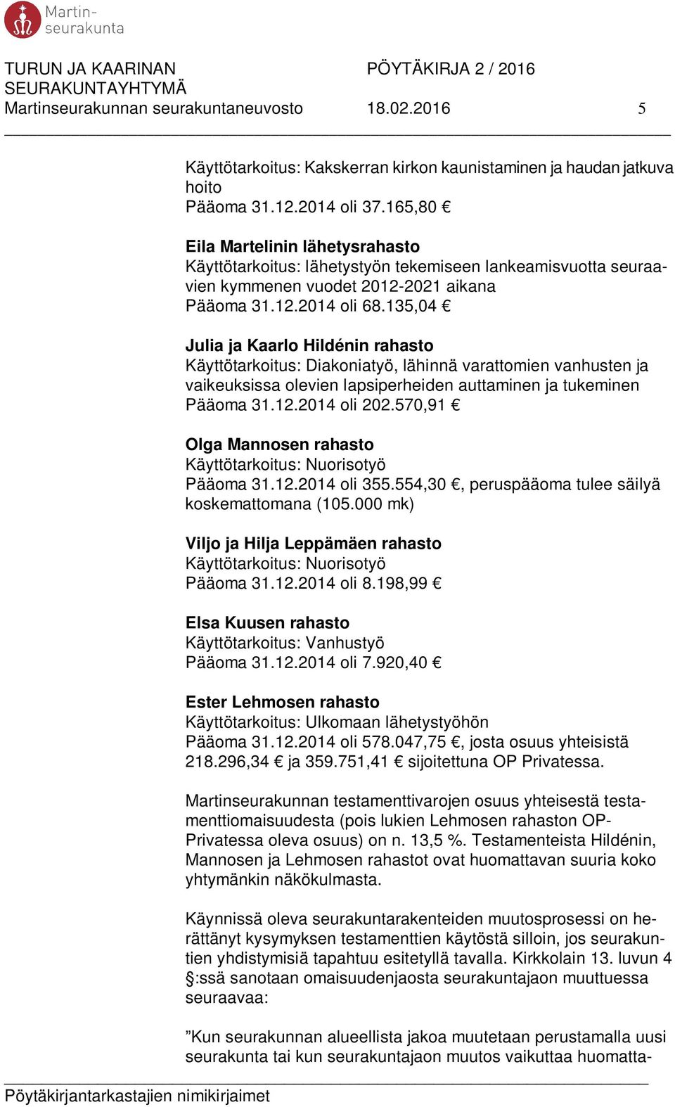 135,04 Julia ja Kaarlo Hildénin rahasto Käyttötarkoitus: Diakoniatyö, lähinnä varattomien vanhusten ja vaikeuksissa olevien lapsiperheiden auttaminen ja tukeminen Pääoma 31.12.2014 oli 202.