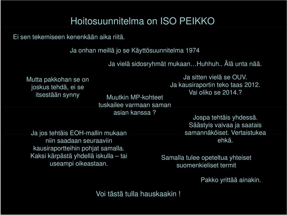 saadaan seuraaviin kausiraportteihin pohjat samalla. Kaksi kärpästä yhdellä iskulla tai useampi oikeastaan. Ja vielä sidosryhmät mukaan Huhhuh.. Älä unta nää.