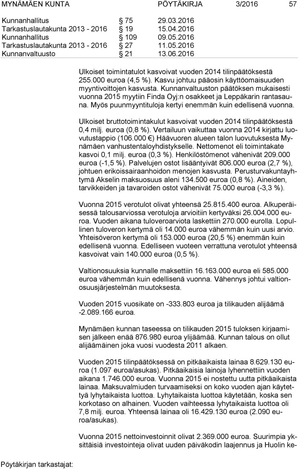 Kunnanvaltuuston päätöksen mukaisesti vuon na 2015 myytiin Finda Oyj:n osakkeet ja Leppäkarin ran ta sauna. Myös puunmyyntituloja kertyi enemmän kuin edellisenä vuonna.