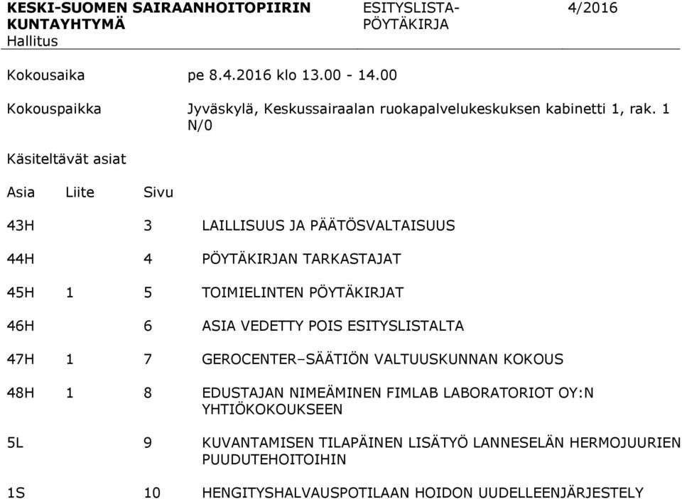 1 N/0 Käsiteltävät asiat Asia Liite Sivu 43H 3 LAILLISUUS JA PÄÄTÖSVALTAISUUS 44H 4 PÖYTÄKIRJAN TARKASTAJAT 45H 1 5 TOIMIELINTEN PÖYTÄKIRJAT 46H 6 ASIA