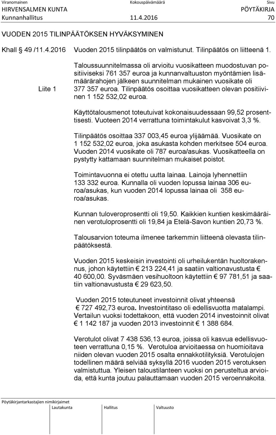 euroa. Tilinpäätös osoittaa vuosikatteen olevan positiivinen 1 152 532,02 euroa. Käyttötalousmenot toteutuivat kokonaisuudessaan 99,52 prosenttisesti.