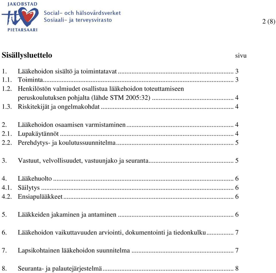 Vastuut, velvollisuudet, vastuunjako ja seuranta... 5 4. Lääkehuolto... 6 4.1. Säilytys... 6 4.2. Ensiapulääkkeet... 6 5. Lääkkeiden jakaminen ja antaminen... 6 6.