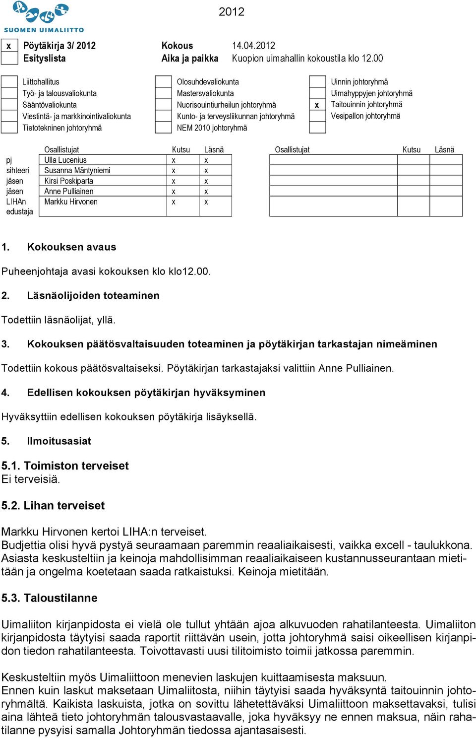 Viestintä- ja markkinointivaliokunta Kunto- ja terveysliikunnan johtoryhmä Vesipallon johtoryhmä Tietotekninen johtoryhmä NEM 2010 johtoryhmä Osallistujat Kutsu Läsnä Osallistujat Kutsu Läsnä pj Ulla