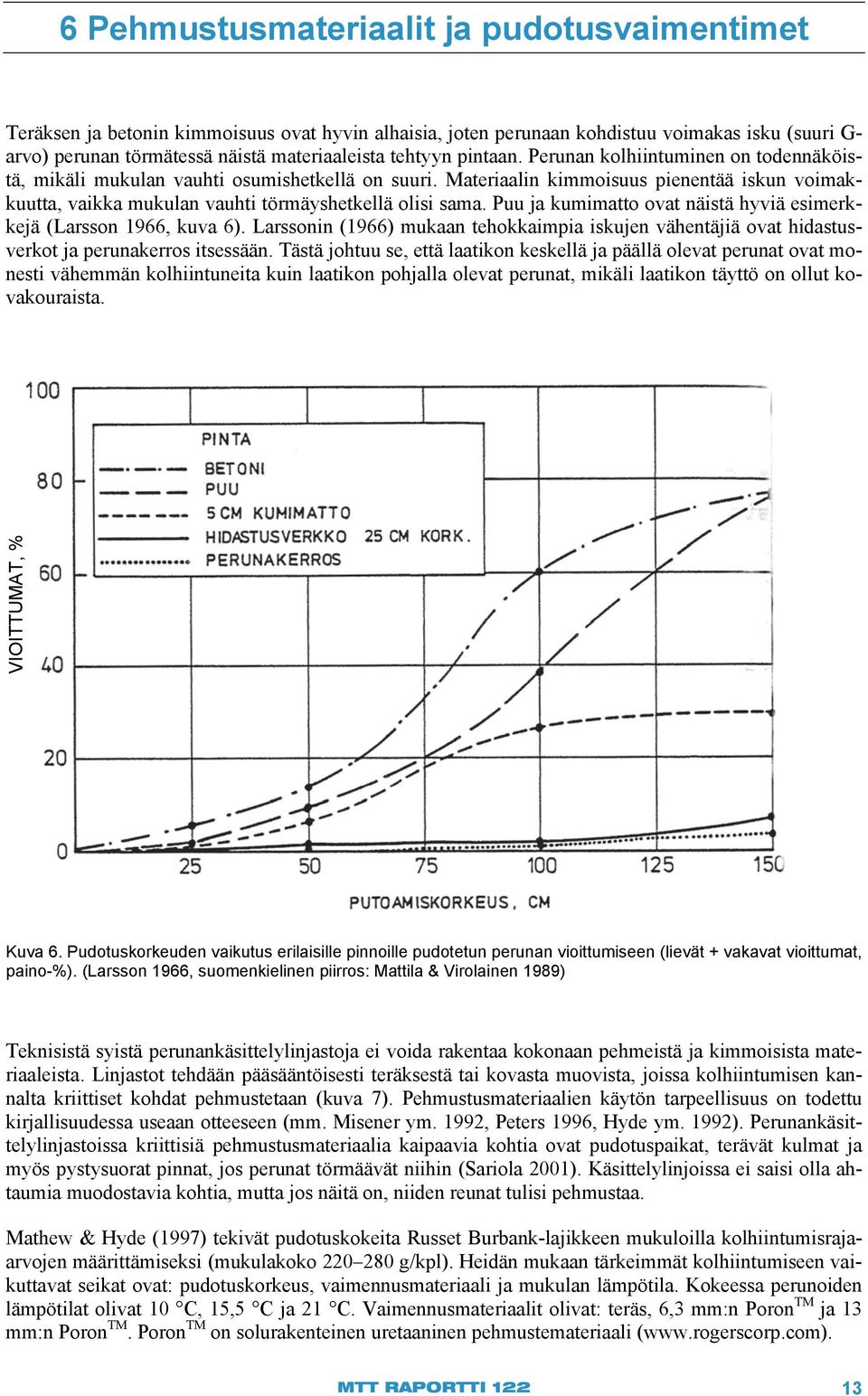 Materiaalin kimmoisuus pienentää iskun voimakkuutta, vaikka mukulan vauhti törmäyshetkellä olisi sama. Puu ja kumimatto ovat näistä hyviä esimerkkejä (Larsson 1966, kuva 6).