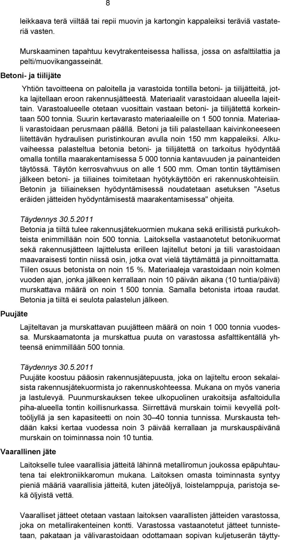 Varastoalueelle otetaan vuosittain vastaan betoni- ja tiilijätettä korkeintaan 500 tonnia. Suurin kertavarasto materiaaleille on 1 500 tonnia. Materiaali varastoidaan perusmaan päällä.