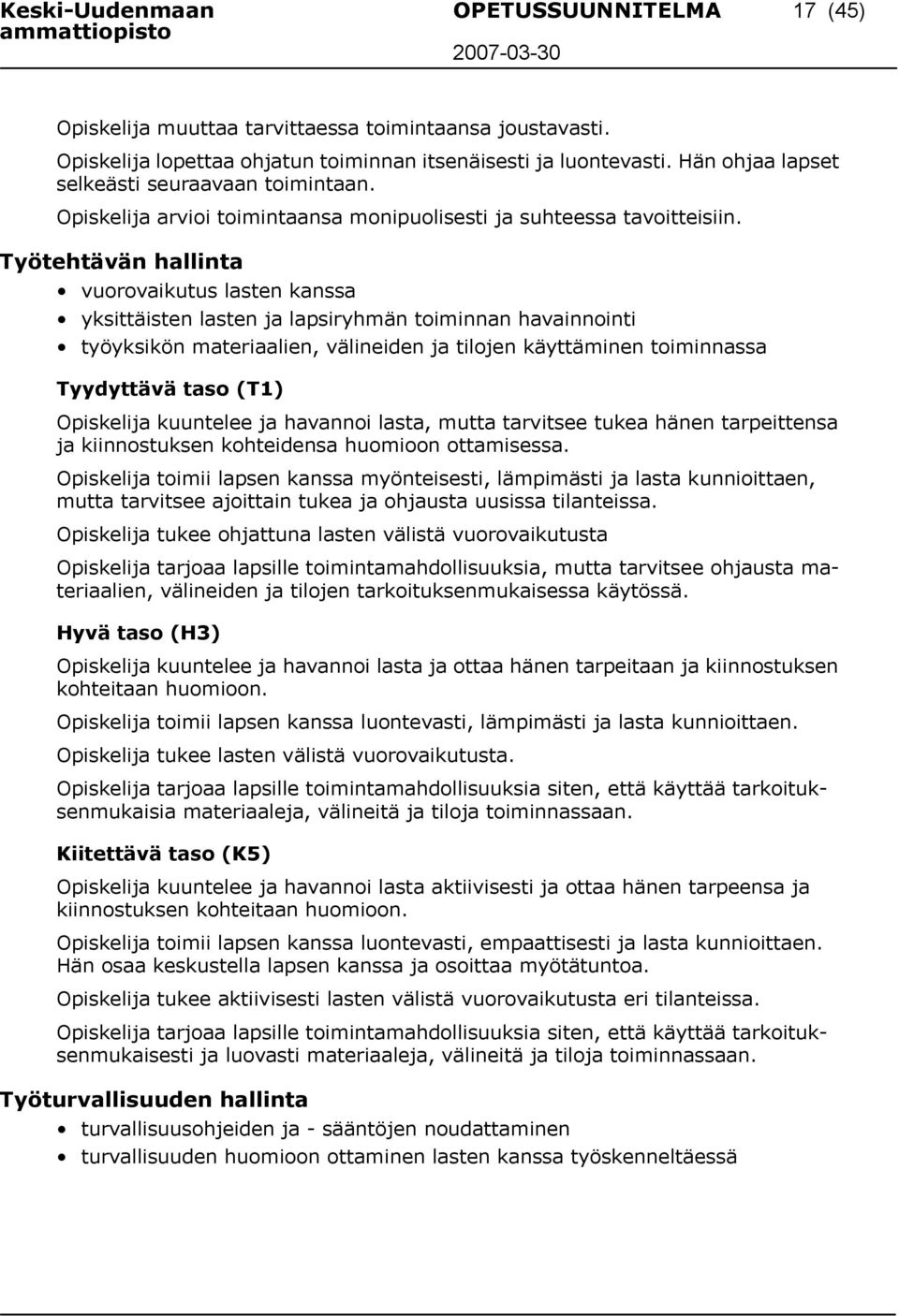 Työtehtävän hallinta vuorovaikutus lasten kanssa yksittäisten lasten ja lapsiryhmän toiminnan havainnointi työyksikön materiaalien, välineiden ja tilojen käyttäminen toiminnassa Tyydyttävä taso (T1)