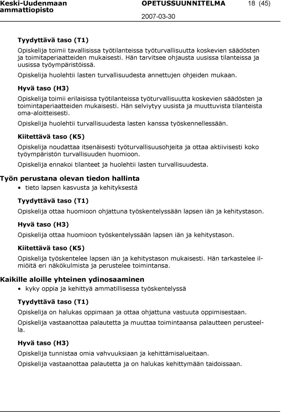 Hyvä taso (H3) Opiskelija toimii erilaisissa työtilanteissa työturvallisuutta koskevien säädösten ja toimintaperiaatteiden mukaisesti.