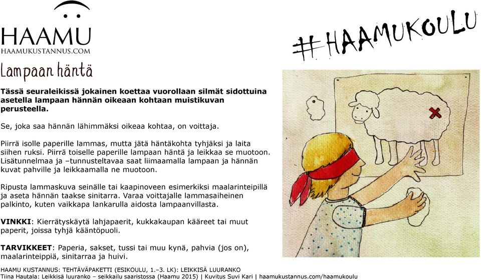 Lisätunnelmaa ja tunnusteltavaa saat liimaamalla lampaan ja hännän kuvat pahville ja leikkaamalla ne muotoon.