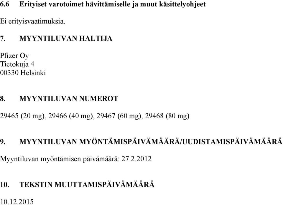 MYYNTILUVAN NUMEROT 29465 (20 mg), 29466 (40 mg), 29467 (60 mg), 29468 (80 mg) 9.