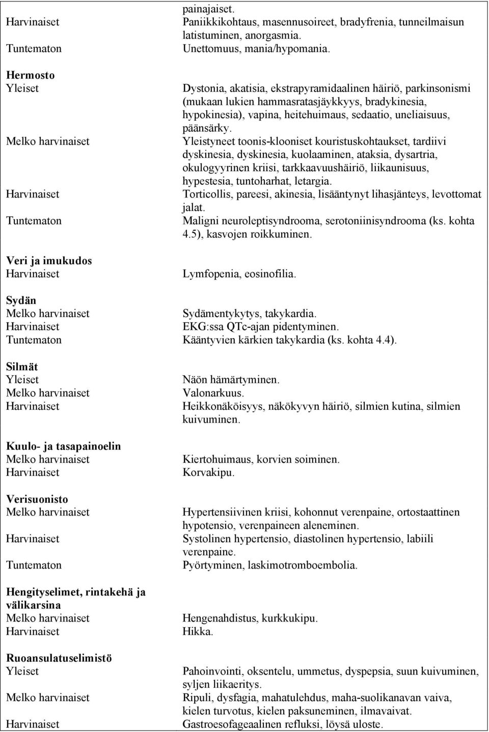 Yleistyneet toonis-klooniset kouristuskohtaukset, tardiivi dyskinesia, dyskinesia, kuolaaminen, ataksia, dysartria, okulogyyrinen kriisi, tarkkaavuushäiriö, liikaunisuus, hypestesia, tuntoharhat,