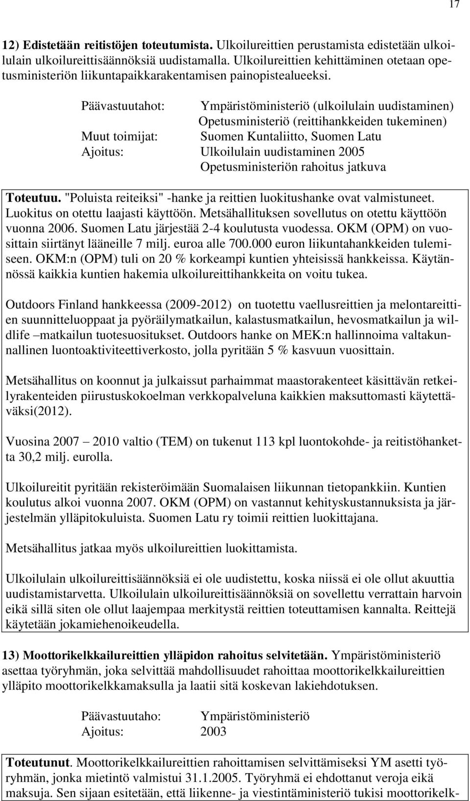 Päävastuutahot: Ympäristöministeriö (ulkoilulain uudistaminen) Opetusministeriö (reittihankkeiden tukeminen) Muut toimijat: Suomen Kuntaliitto, Suomen Latu Ajoitus: Ulkoilulain uudistaminen 2005