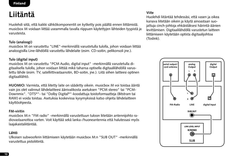 Tulo (analoogi) musicbox M on varustettu "LINE"-merkinnällä varustetulla tulolla, johon voidaan liittää analoogisilla Line-lähdöillä varustettu lähdelaite (esim. CD-soitin, pelikonsoli jne.). Viite Huolehdi liitäntää tehdessäsi, että vasen ja oikea kanava liitetään oikein ja käytä ainoastaan suojattuja cinch-johtoja ehkäistäksesi häirintä-äänien levittämisen.