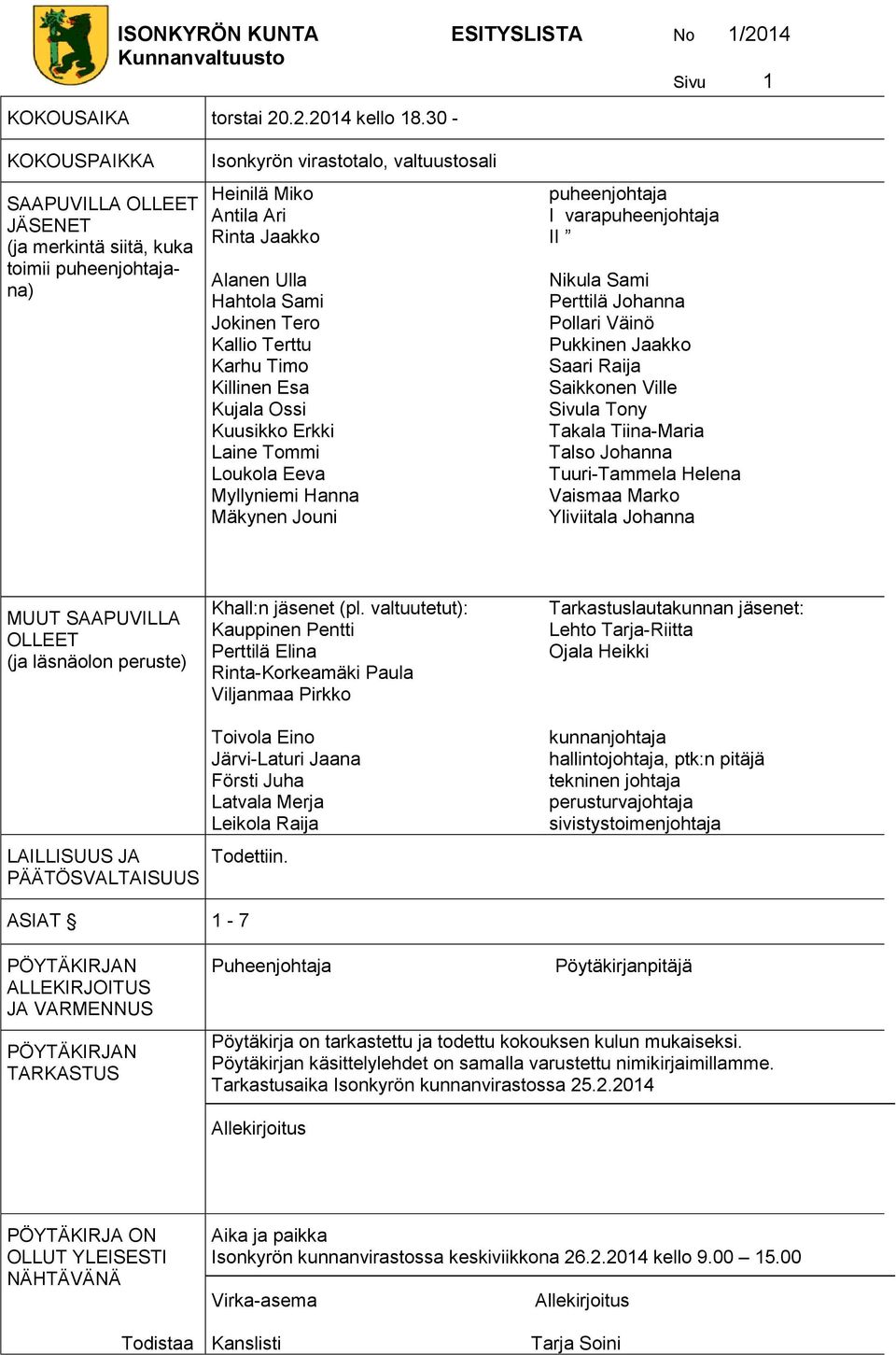 Tero Kallio Terttu Karhu Timo Killinen Esa Kujala Ossi Kuusikko Erkki Laine Tommi Loukola Eeva Myllyniemi Hanna Mäkynen Jouni puheenjohtaja I varapuheenjohtaja II Nikula Sami Perttilä Johanna Pollari