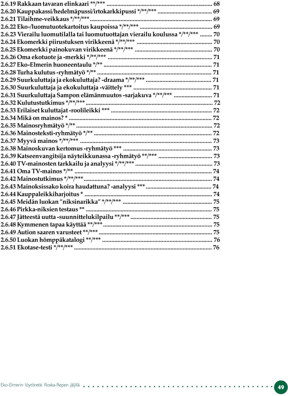 .. 71 2.6.27 Eko-Elmerin huoneentaulu */**... 71 2.6.28 Turha kulutus -ryhmätyö */**... 71 2.6.29 Suurkuluttaja ja ekokuluttaja? -draama */**/***... 71 2.6.30 Suurkuluttaja ja ekokuluttaja -väittely ***.